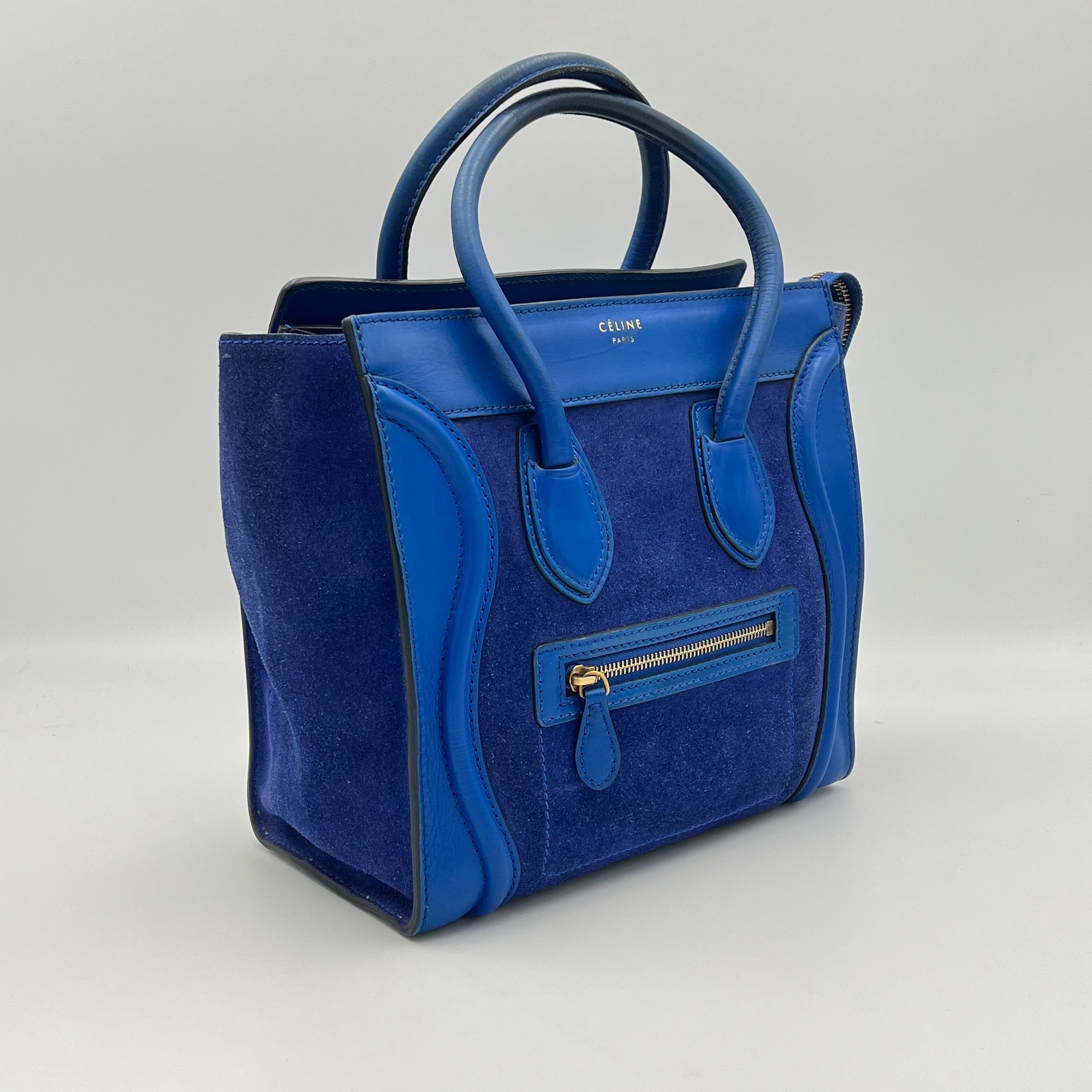 Luggage Micro Blue Top Handle Bag in Suede Leather, Gold hardware