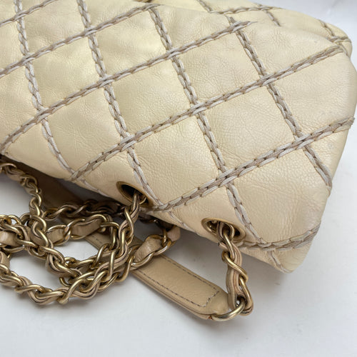 Classic Flap Stitch Cream Shoulder Bag in Calfskin, Gold hardware