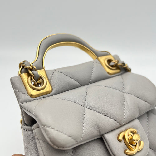 Lady Handle Grey Top Handle Bag in Lambskin, Gold hardware