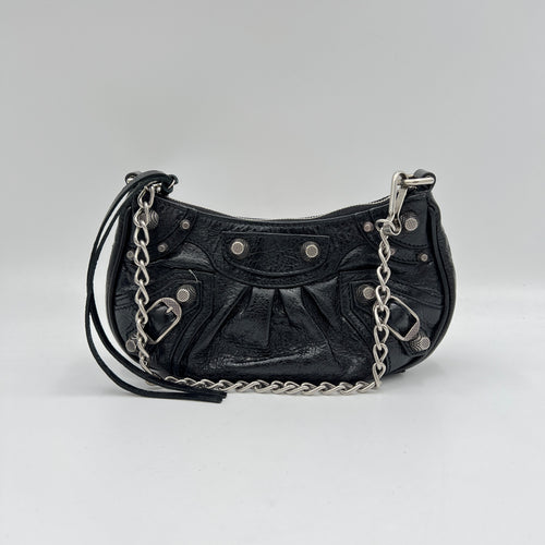 Le Cagole Mini Black Shoulder Bag in Distressed Leather, Silver hardware