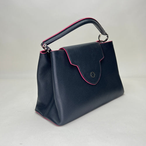 Capucines MM Navy Top Handle Bag in Clemence Taurillon Leather, Silver hardware