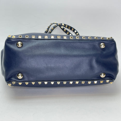 Rockstud Navy Top Handle Bag in Calfskin, Gold hardware