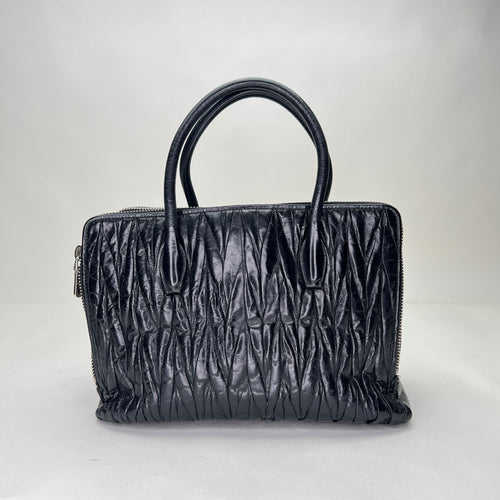 Matelasse Black Top Handle Bag in Distressed Leather, Silver hardware