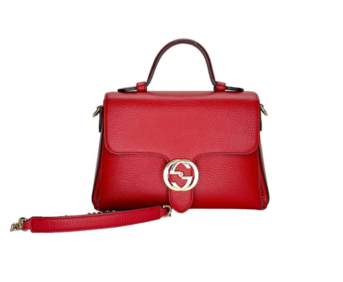 Dollar Interlocking G Red Top Handle Bag in Calfskin, Gold hardware