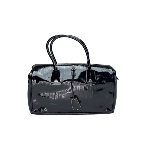 Logo Plaque Shopper Black Top Handle Bag in Patent Leather, Silver hardware