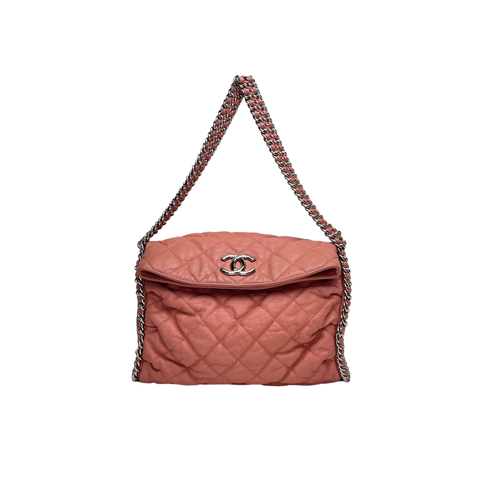 Chain Around Hobo Pink Shoulder Bag in Calfskin, Silver hardware