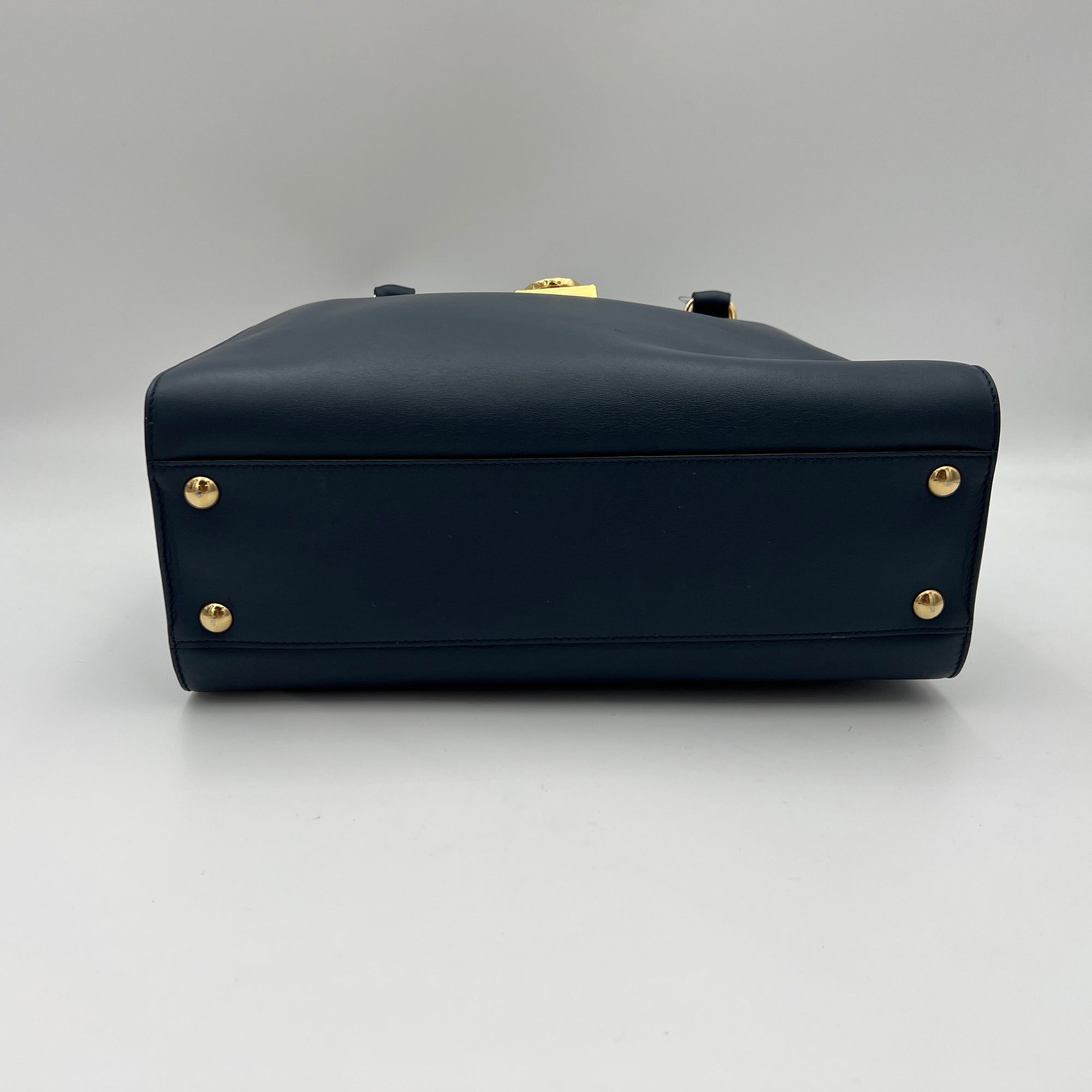 Gancini Navy Top Handle Bag in Calfskin, Gold hardware