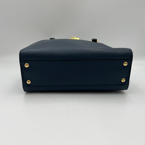 Gancini Navy Top Handle Bag in Calfskin, Gold hardware