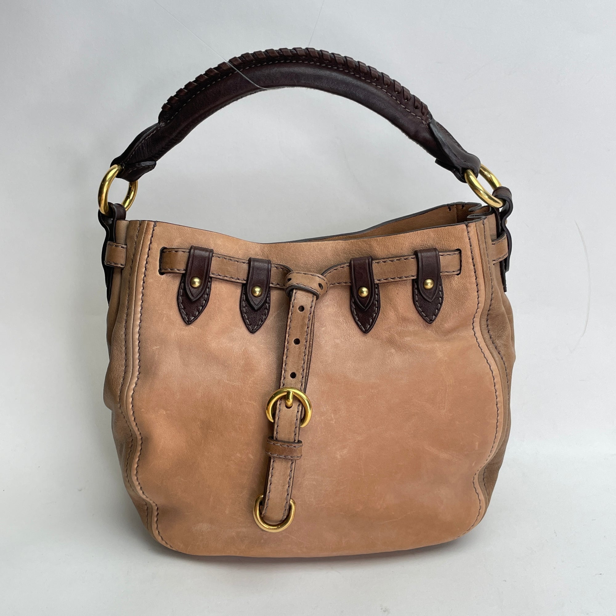 Two Way Bucket Brown Crossbody Bag in Calfskin, Gold hardware