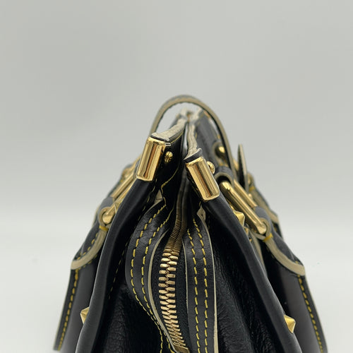 Suhali L'Epanoui PM Black Top Handle Bag in Calfskin, Gold hardware