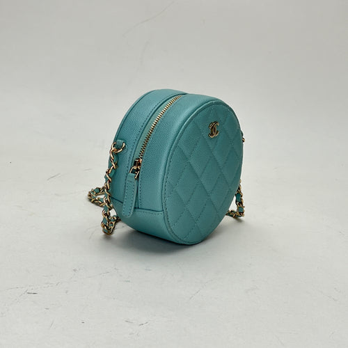 Round Clutch with Chain Blue Crossbody Bag in Caviar Leather, Light Gold hardware