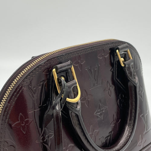 Vernis Alma BB Burgundy Top Handle Bag in Patent Leather, Gold hardware