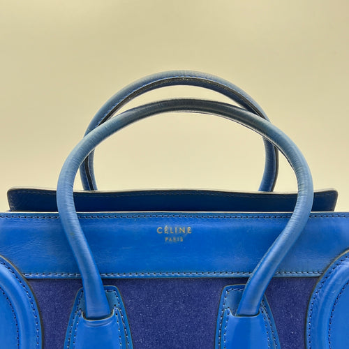 Luggage Micro Blue Top Handle Bag in Suede Leather, Gold hardware