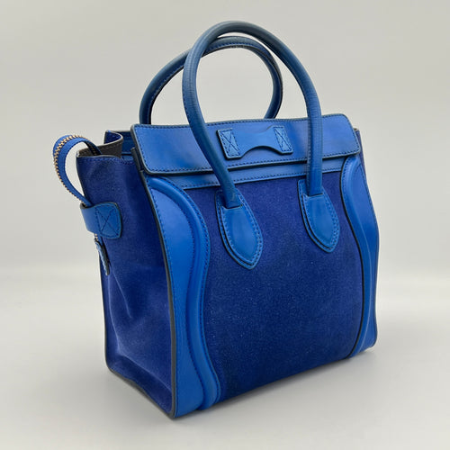 Luggage Micro Blue Top Handle Bag in Suede Leather, Gold hardware