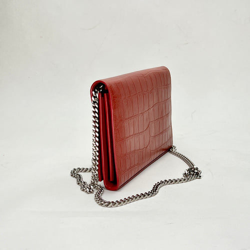 Kate Pink Wallet on Chain in Crocodile Embossed Calfskin, Gold hardware