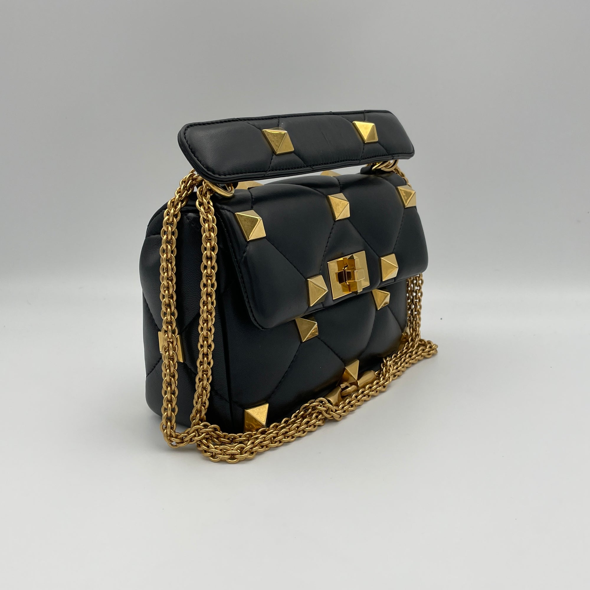 Roman Stud Medium Black Crossbody Bag in Lambskin, Gold hardware