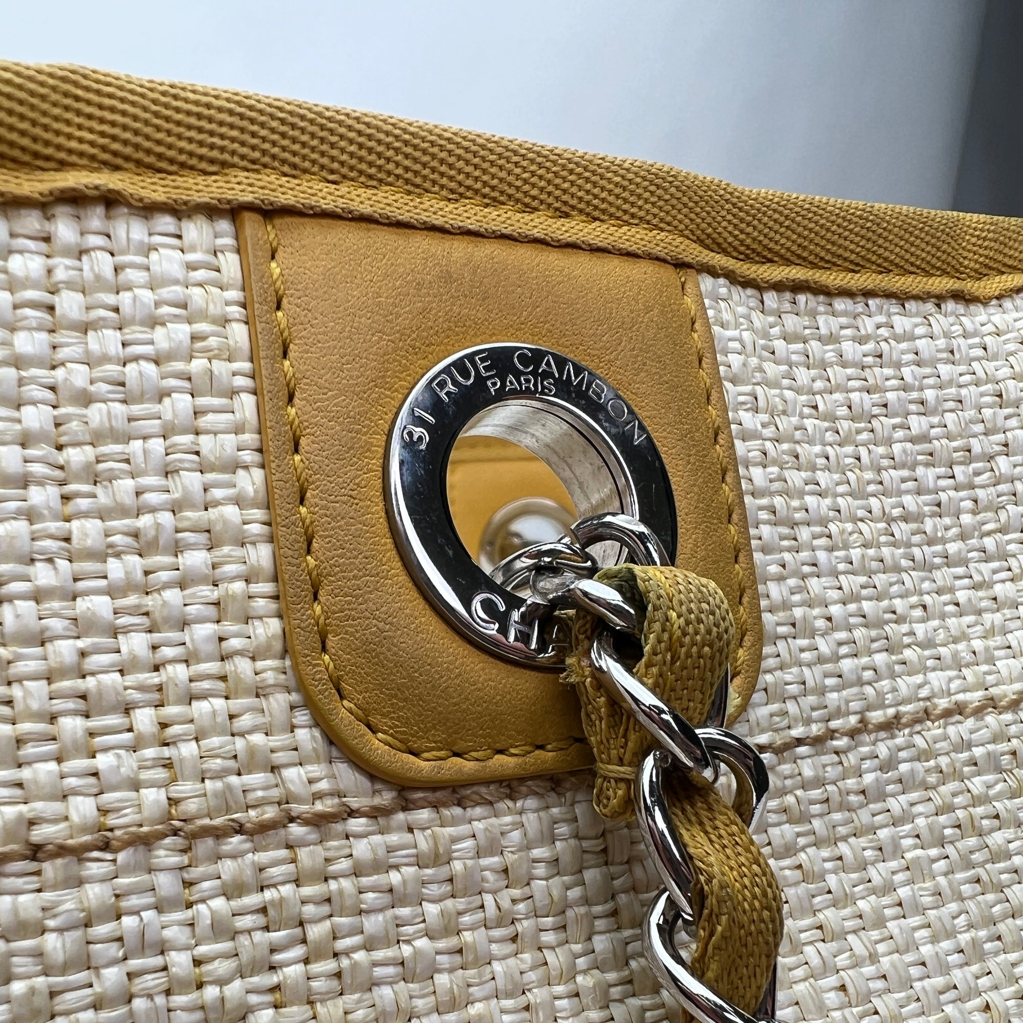 Deauville Small Yellow Tote Bag in Raffia, Silver hardware