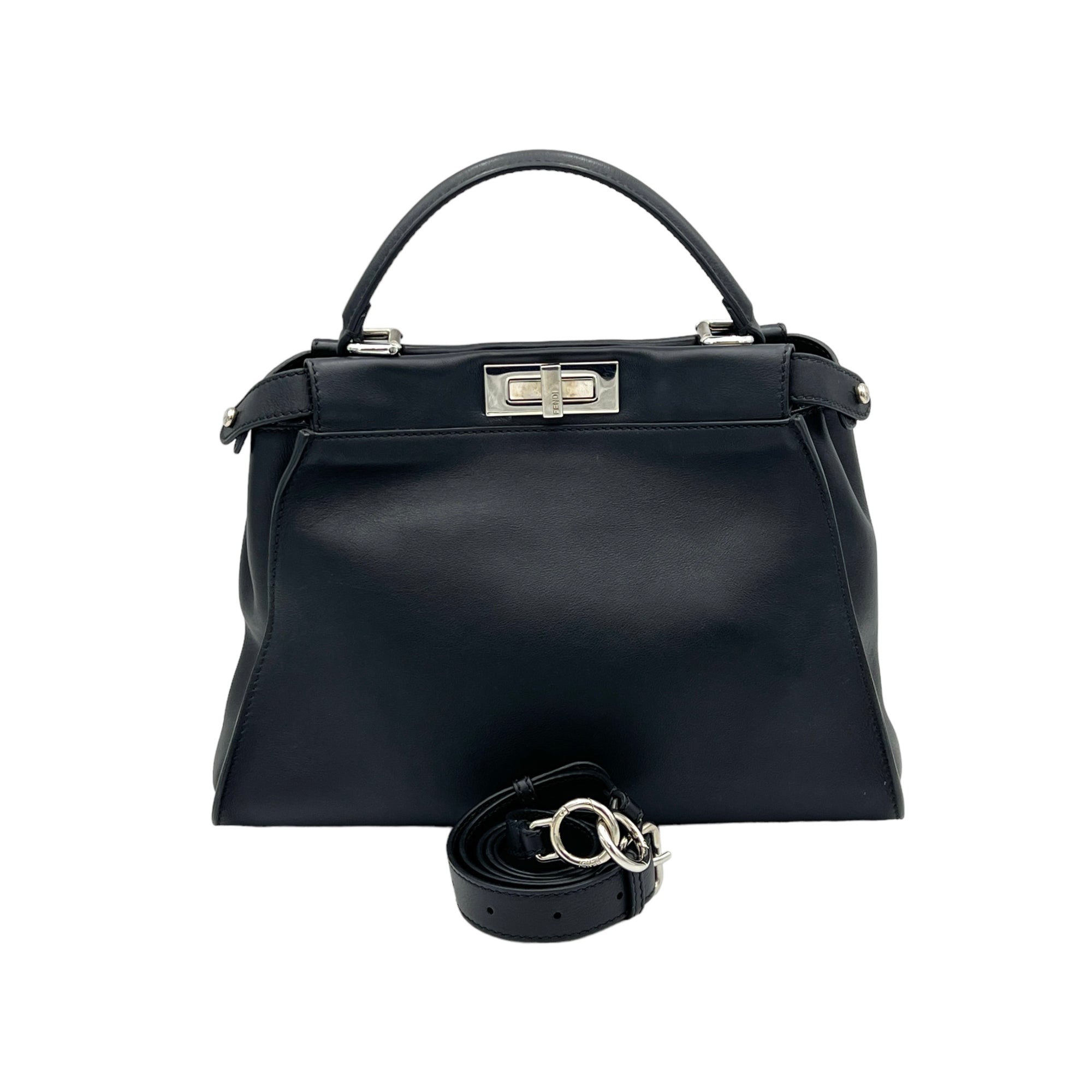 Peekaboo Medium Black Top Handle Bag in Calfskin, Silver hardware