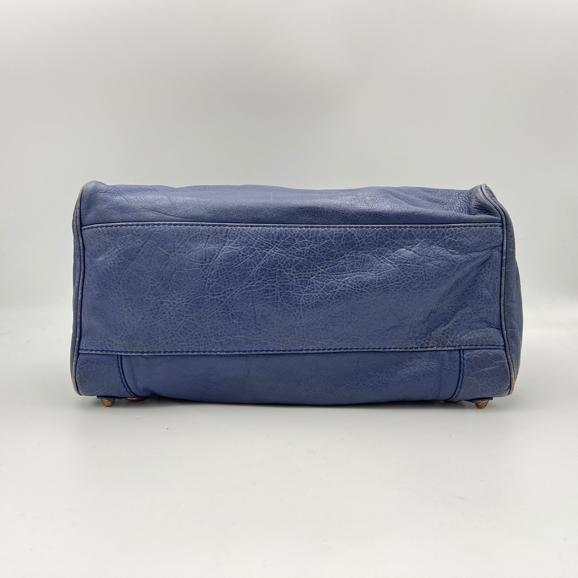 Velo Blue Top Handle Bag in Distressed Leather, Antique Brass hardware