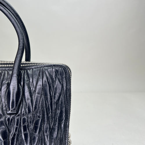 Matelasse Black Top Handle Bag in Distressed Leather, Silver hardware