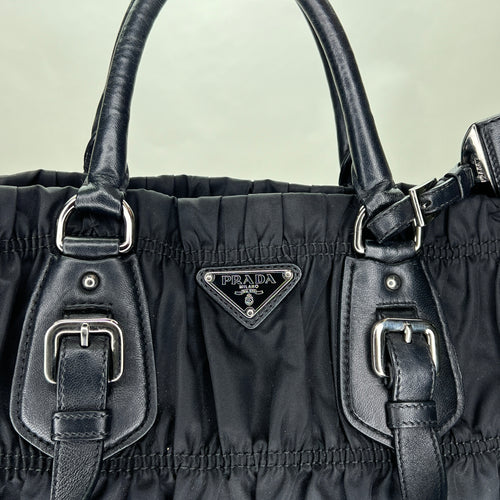 Gaufre Black Top Handle Bag in Nylon, Silver hardware