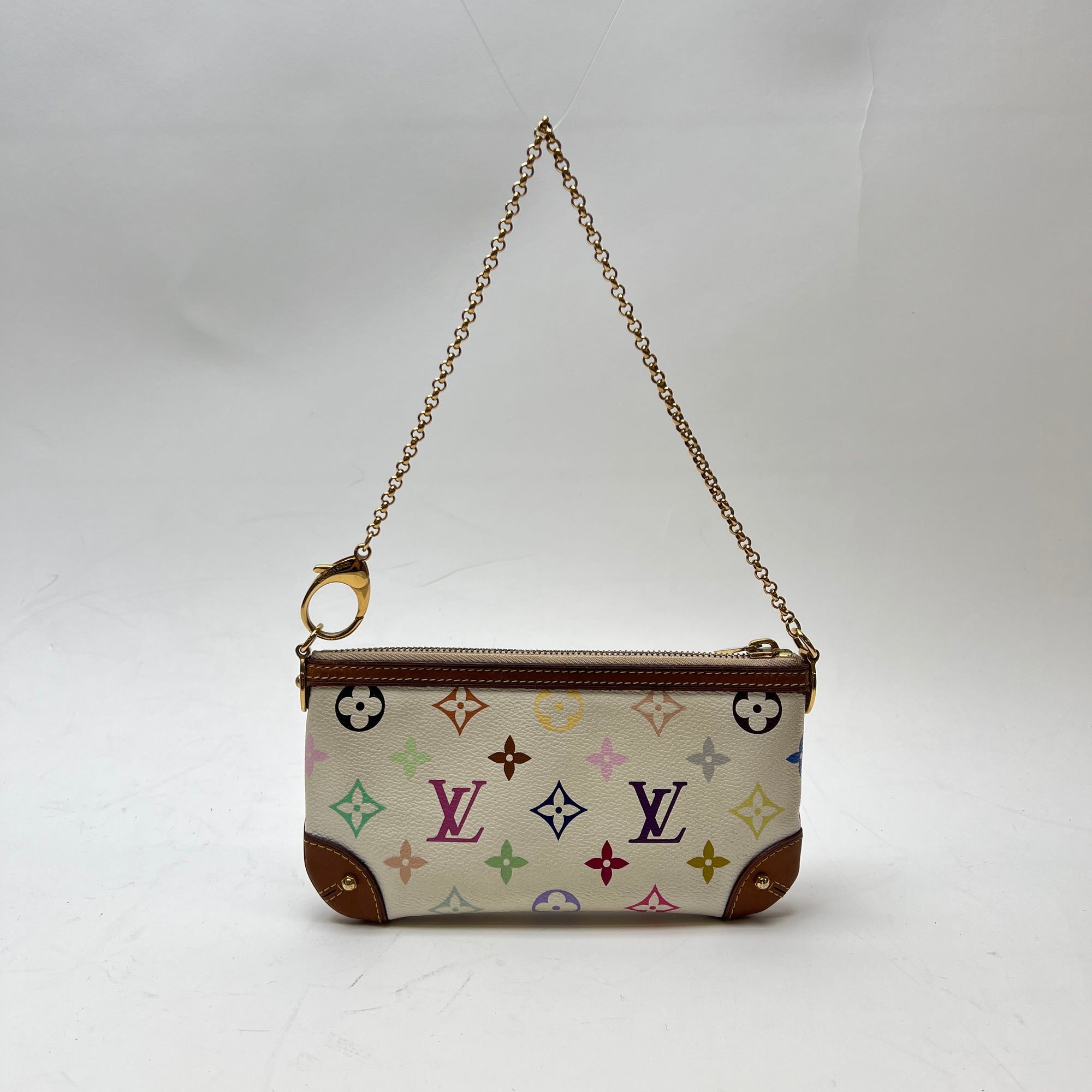 Milla Pochette MM White Shoulder Bag in Monogram Coated Canvas, Gold hardware