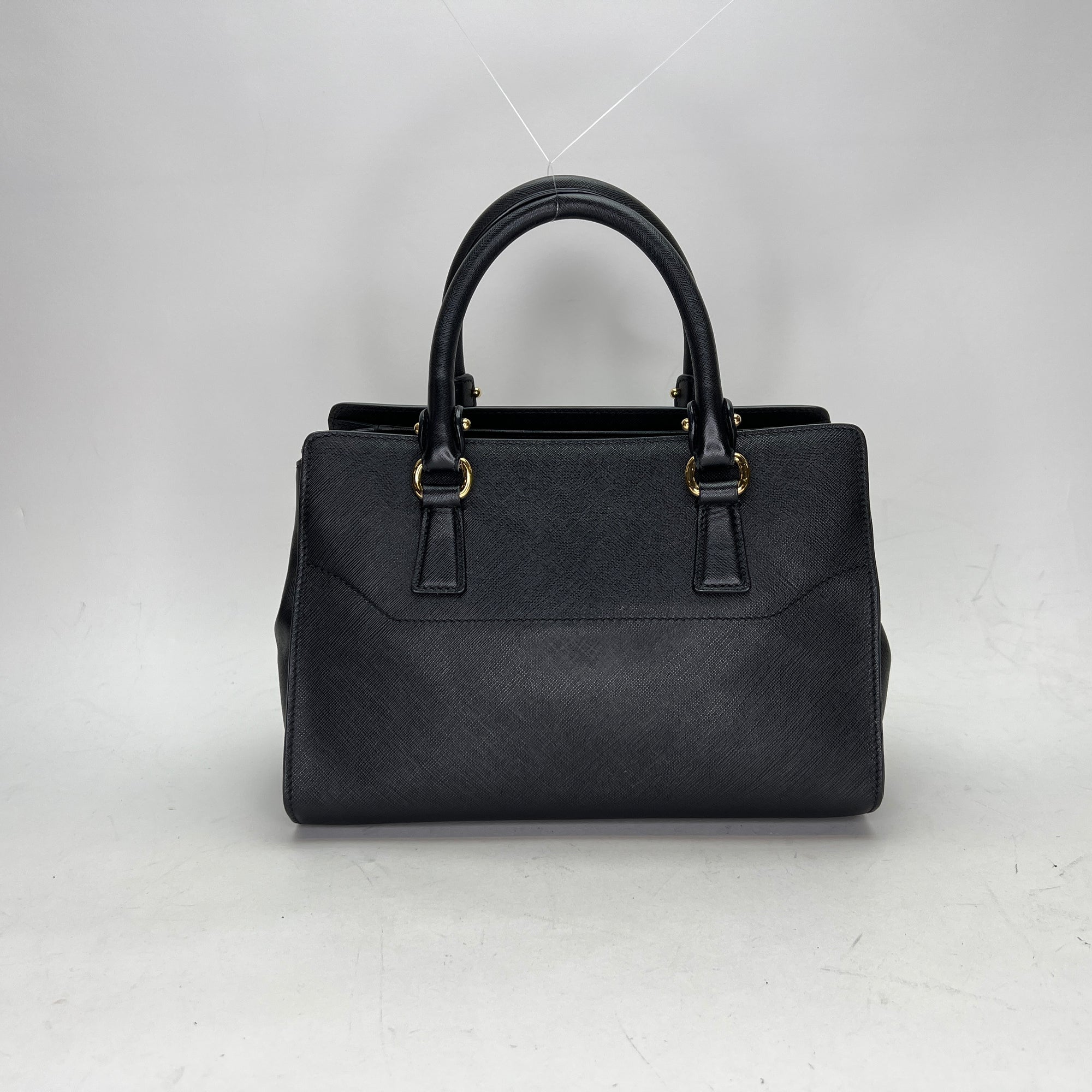 Gancini Black Top Handle Bag in Saffiano Leather, Gold hardware