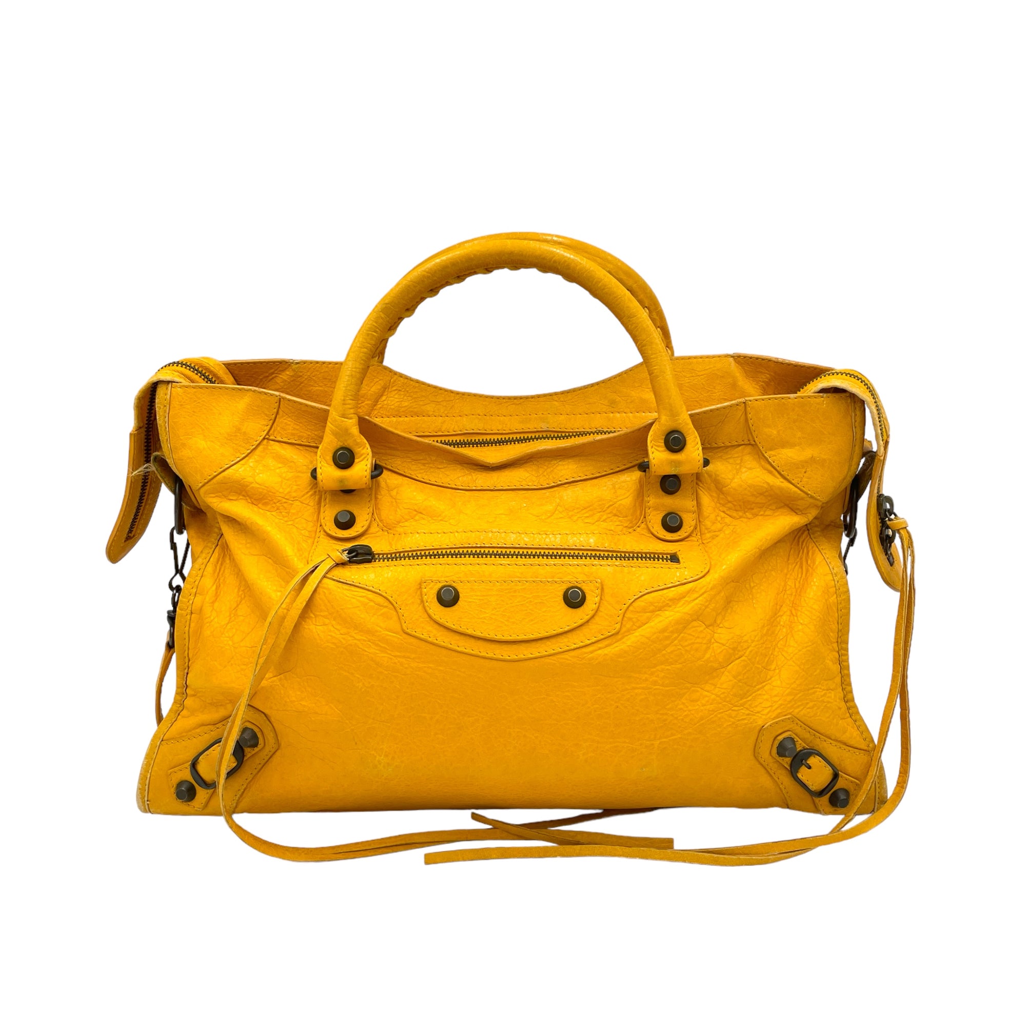 City Yellow Top Handle Bag in Distressed Leather, Antique Brass hardware