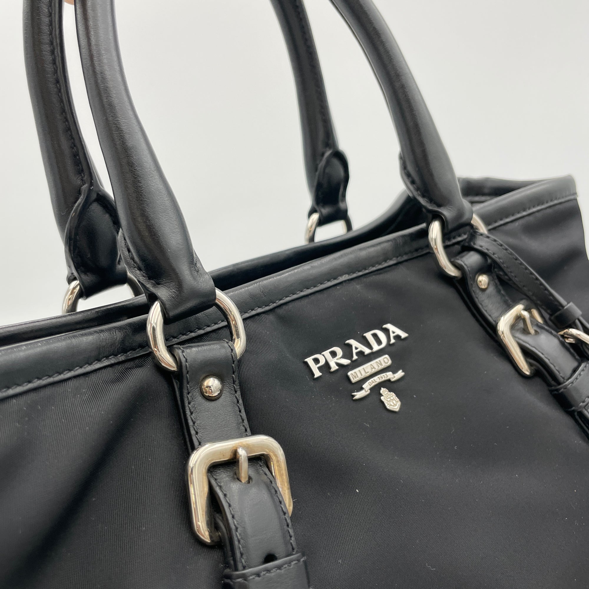 Two-Way Black Top Handle Bag in Nylon, Silver hardware