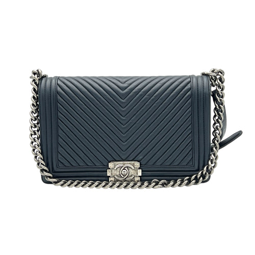 Boy Chevron New Medium Navy Shoulder Bag in Calfskin, Ruthenium hardware