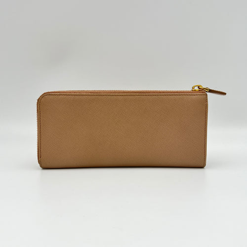 Logo Long Beige Wallet in Saffiano Leather, Gold hardware