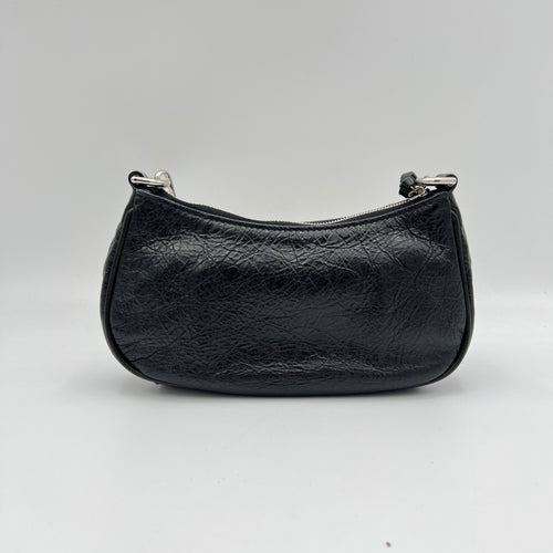 Le Cagole Mini Black Shoulder Bag in Distressed Leather, Silver hardware