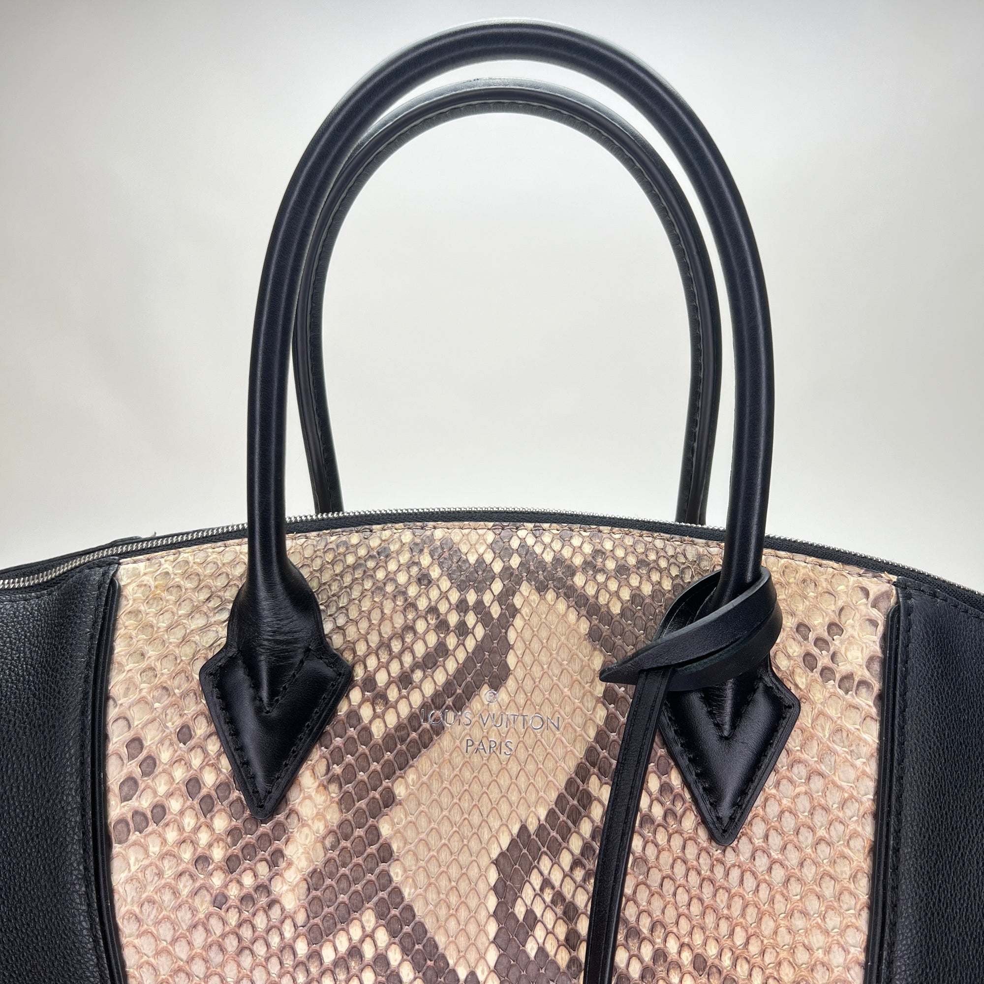 LockIt PM Black Top Handle Bag in Python Leather, Silver hardware