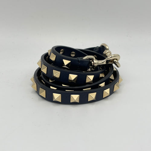 Rockstud Navy Top Handle Bag in Calfskin, Gold hardware