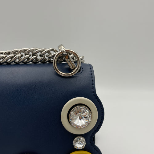 Crystal Studded Kan I Small Navy Crossbody Bag in Calfskin, Silver hardware