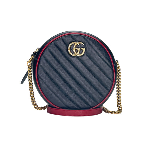 GG Marmont Round Black Crossbody Bag in Calfskin, Gold hardware