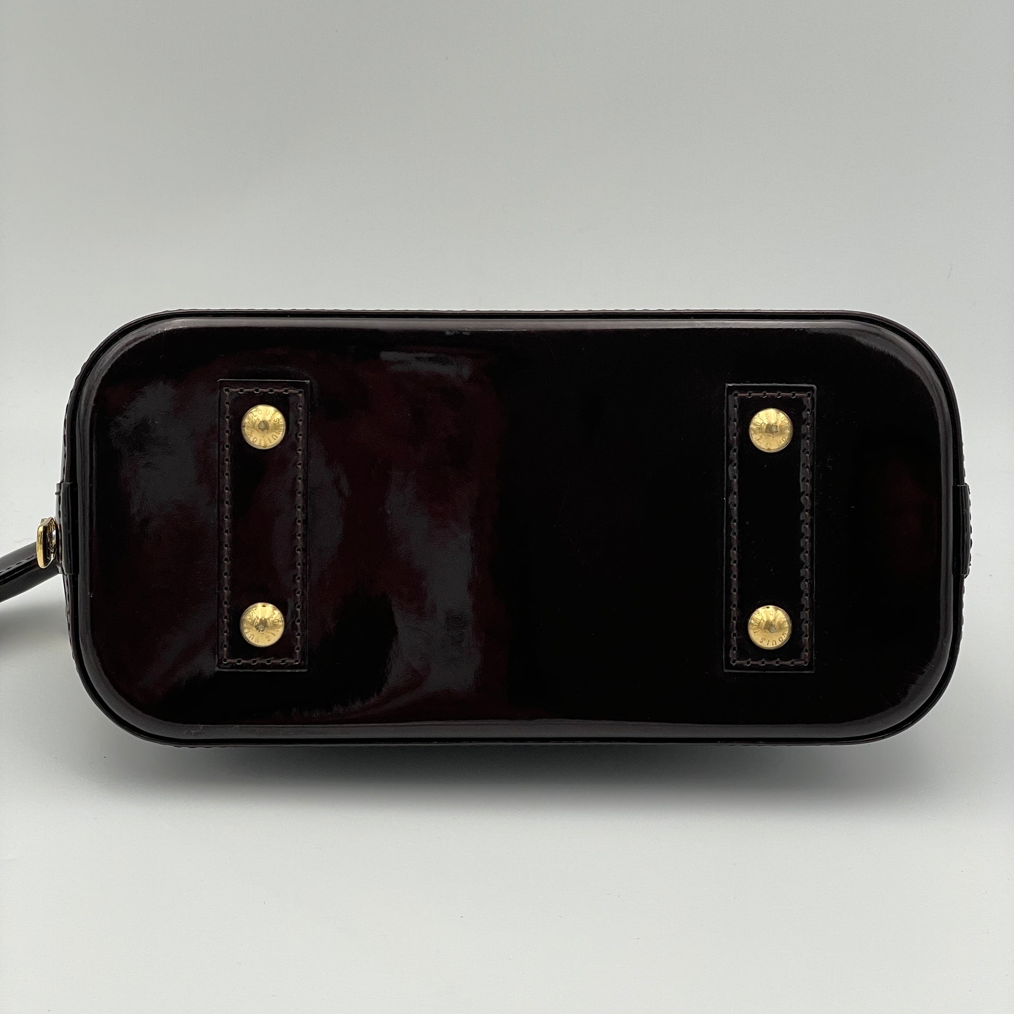 Vernis Alma BB Burgundy Top Handle Bag in Patent Leather, Gold hardware