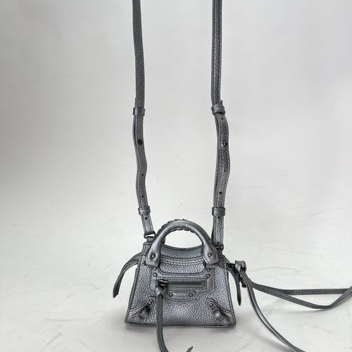 Neo Classic Super Nano Silver Crossbody Bag in Calfskin, Gunmetal hardware