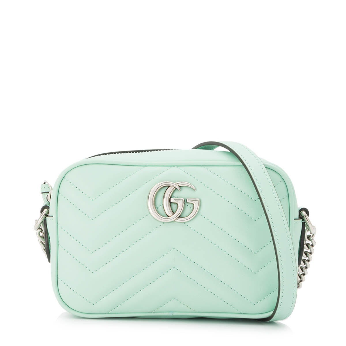 GG Marmont Camera Mini Green Crossbody Bag in Calfskin, Silver hardware