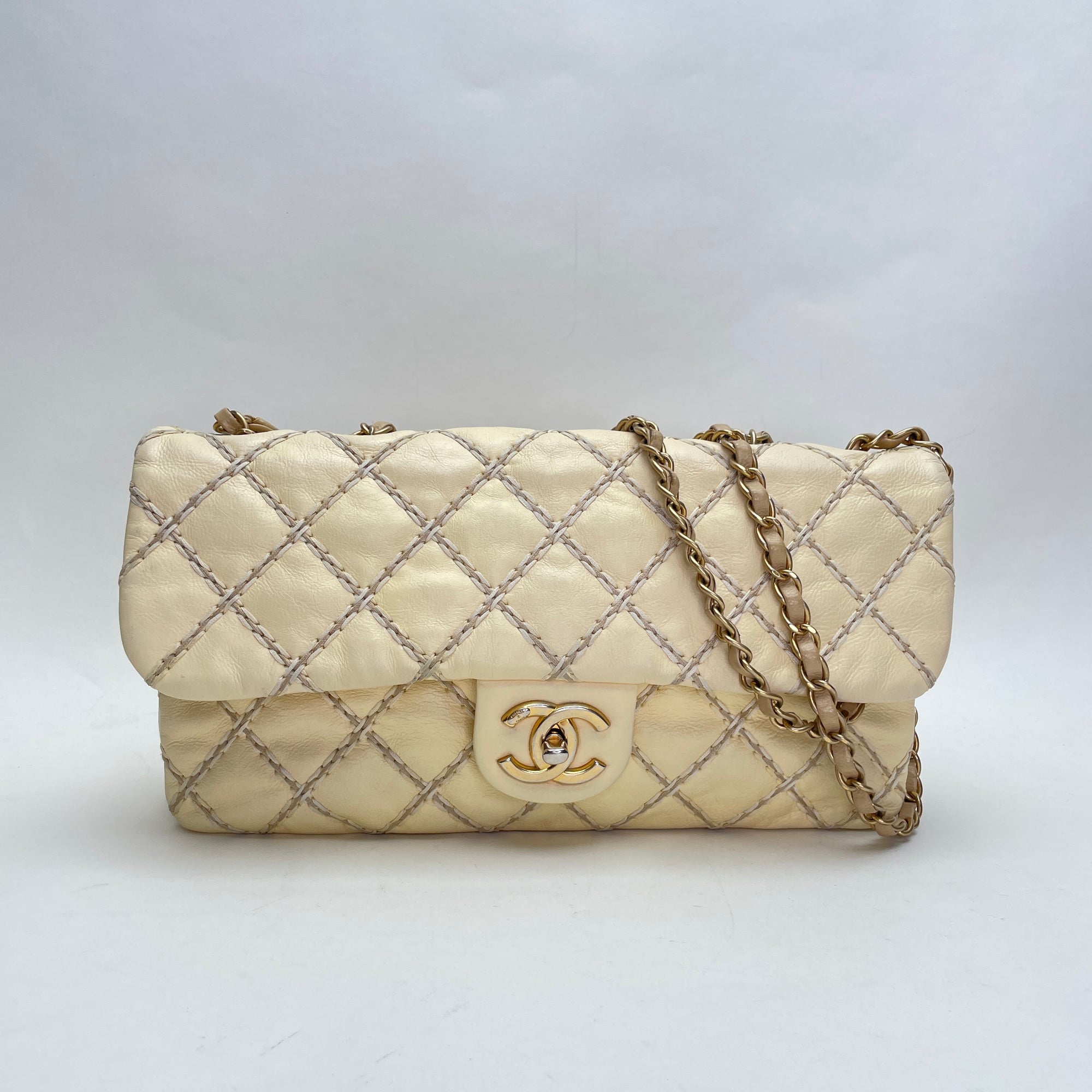 Classic Flap Stitch Cream Shoulder Bag in Calfskin, Gold hardware