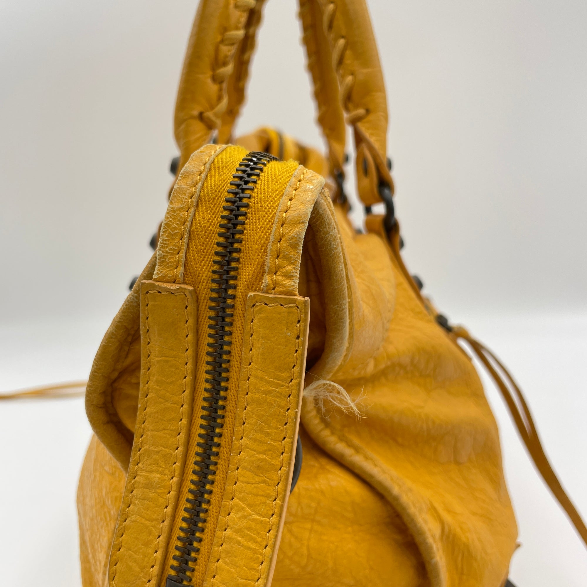 City Yellow Top Handle Bag in Distressed Leather, Antique Brass hardware