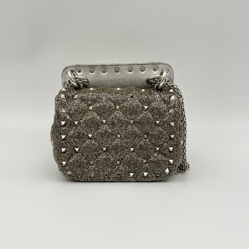 Rockstud Spike Micro Silver Crossbody Bag in Beaded Canvas, Silver hardware