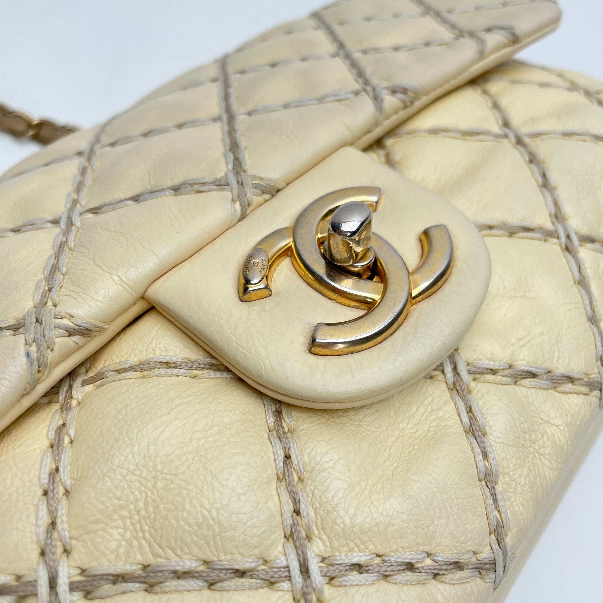 Classic Flap Stitch Cream Shoulder Bag in Calfskin, Gold hardware