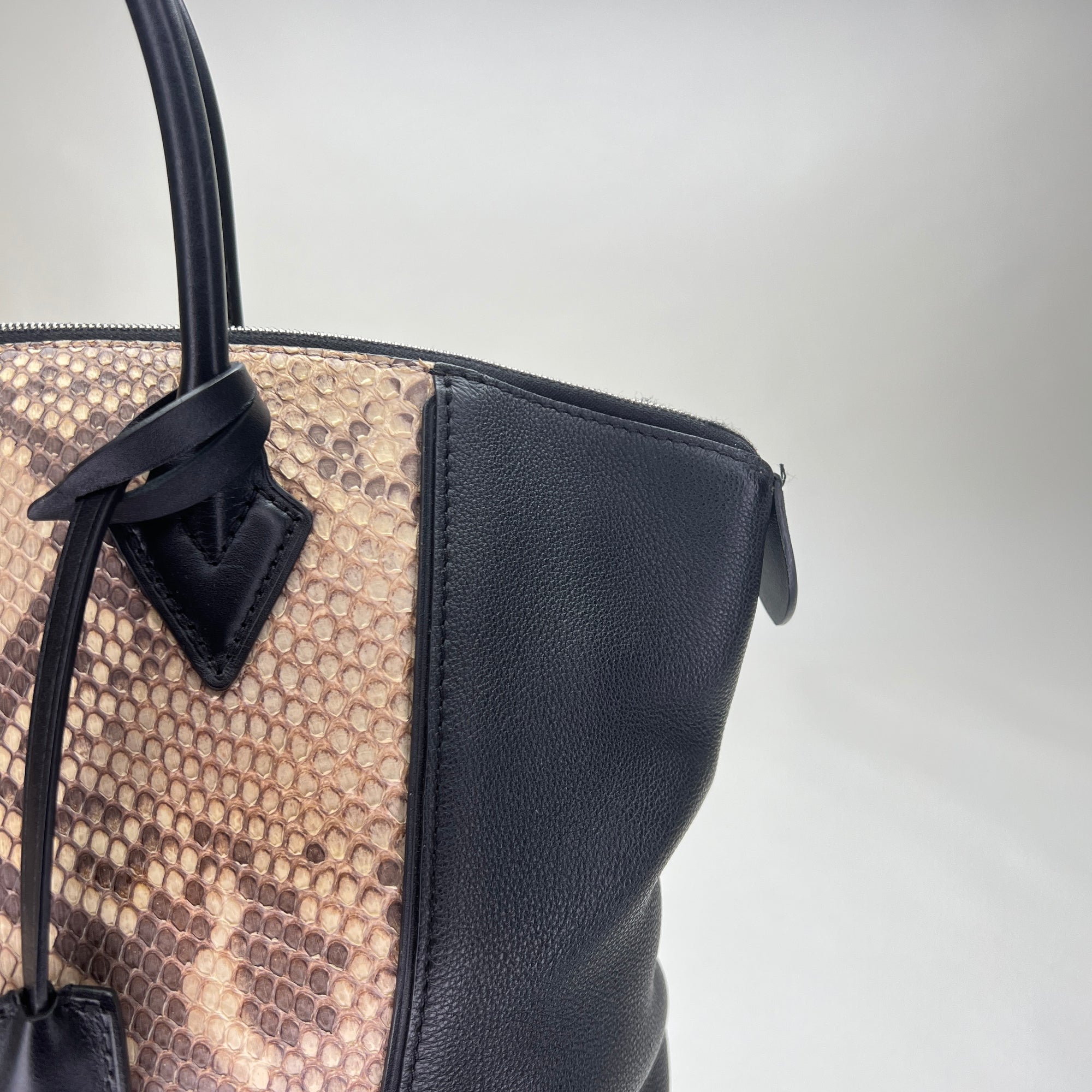 LockIt PM Black Top Handle Bag in Python Leather, Silver hardware