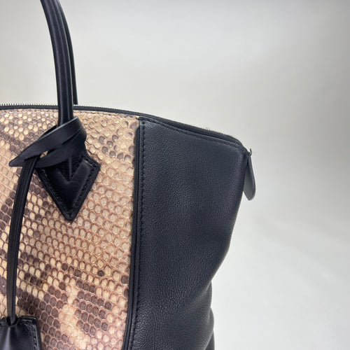 LockIt PM Black Top Handle Bag in Python Leather, Silver hardware