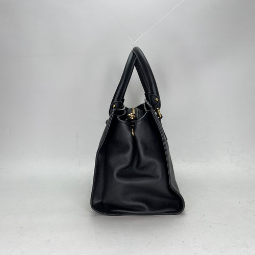 Gancini Black Top Handle Bag in Saffiano Leather, Gold hardware