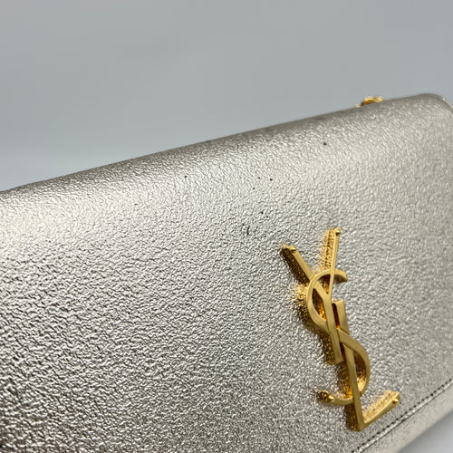 Kate Medium Silver Crossbody Bag in Calfskin, Gold hardware