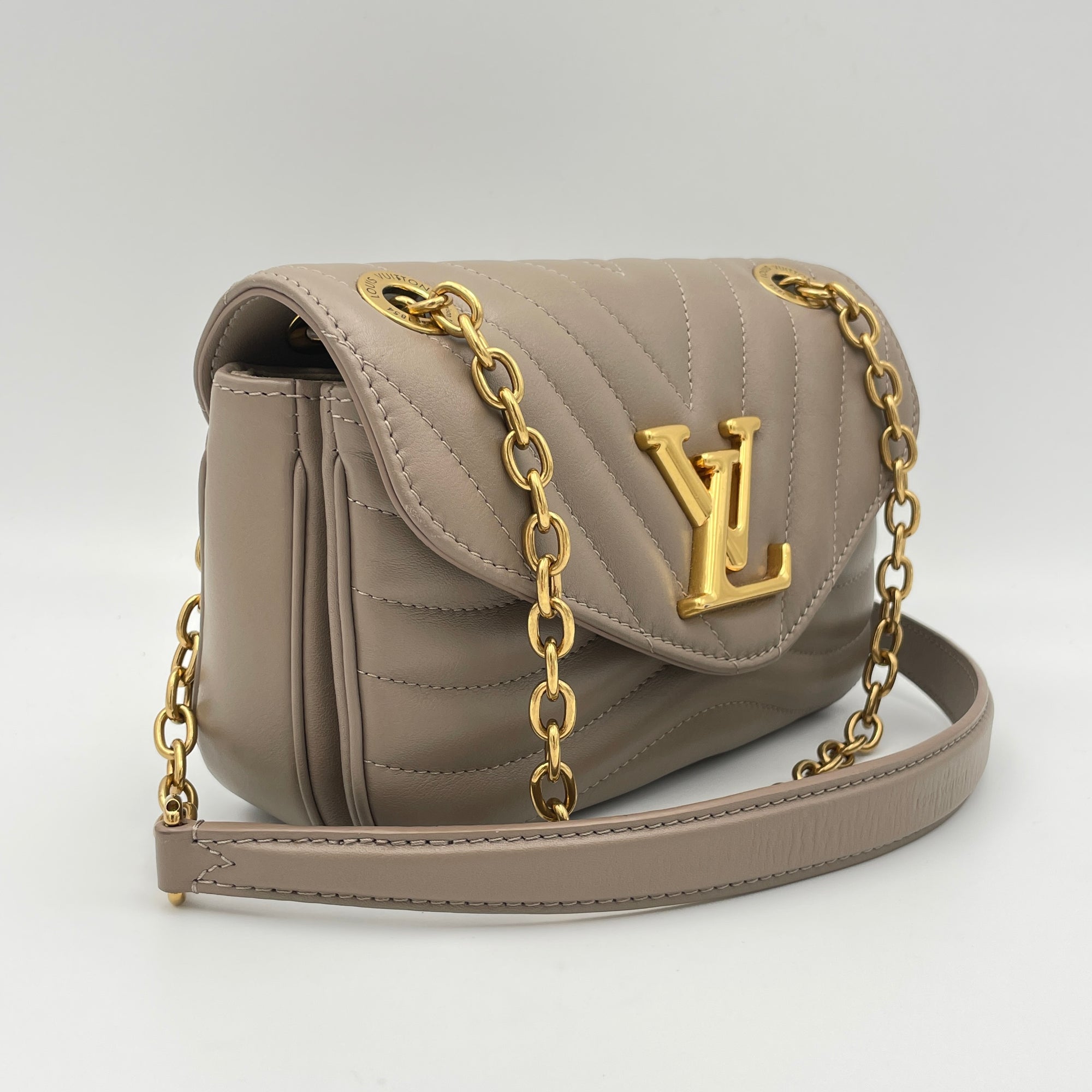 New Wave PM Beige Crossbody Bag in Calfskin, Gold hardware