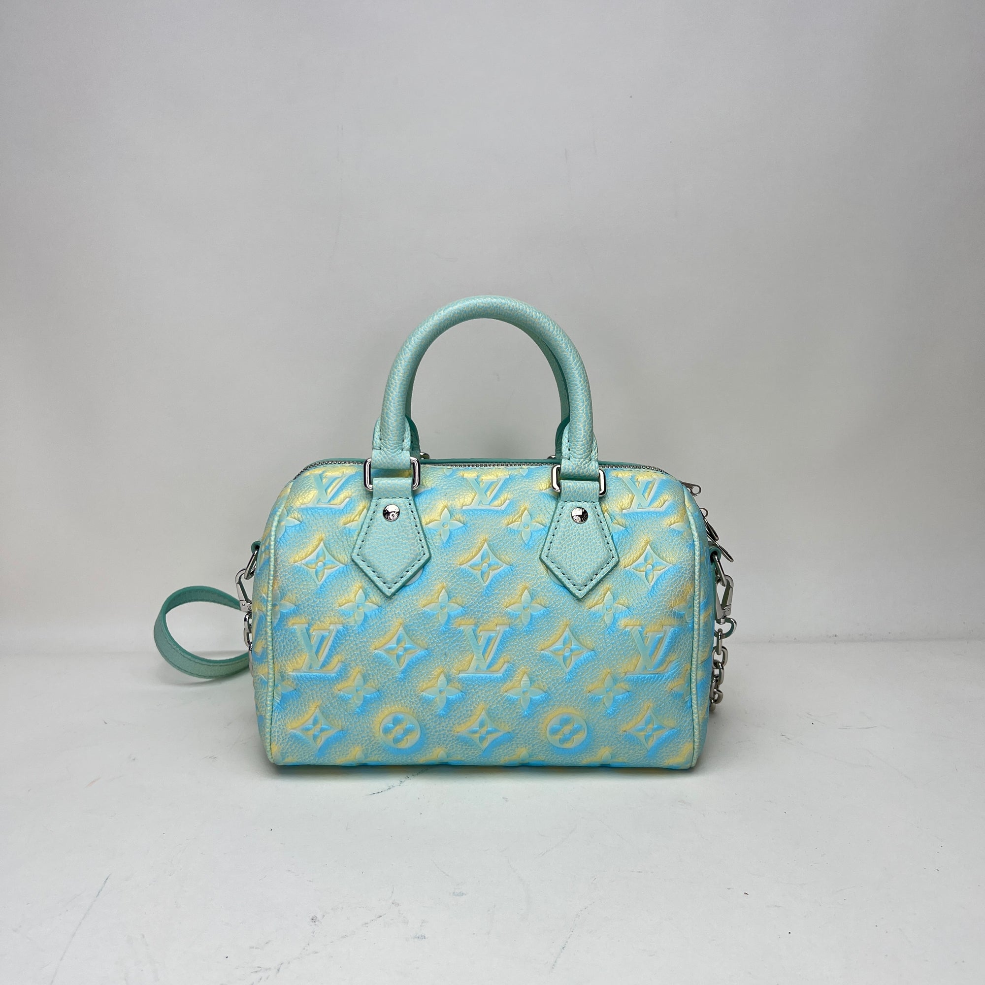 SPEEDY BANDOULIERE 20 Turquoise Shoulder Bag in Monogram Empreinte Leather, Silver hardware