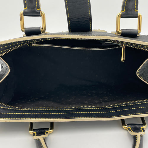 Suhali L'Epanoui PM Black Top Handle Bag in Calfskin, Gold hardware